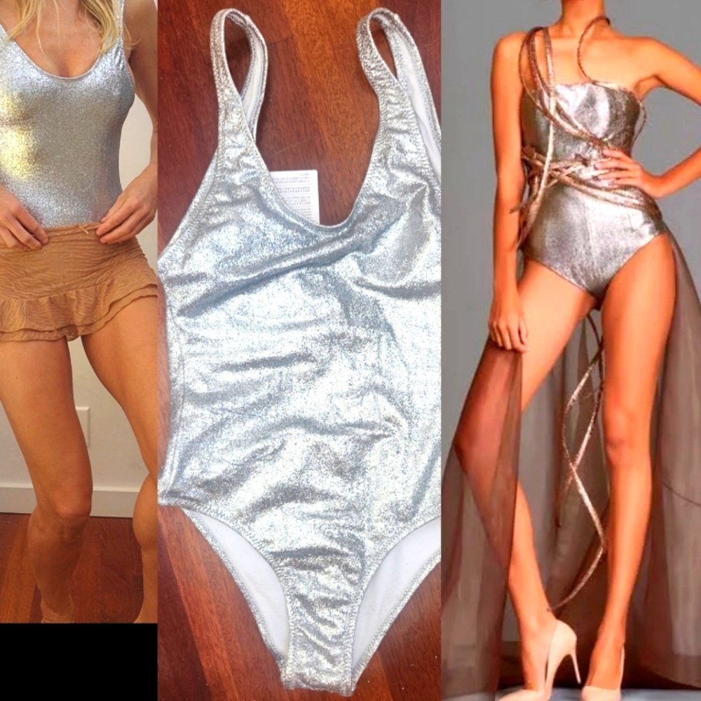 Nwt Chiarra Ferragni runway dressy silver metallic one piece swim/bodysuit S